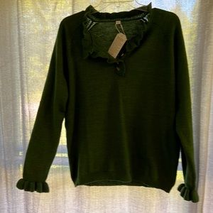 Ruffle neckline and sleeves.